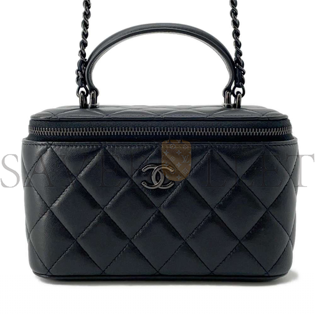 Ch*el matelasse 2way vanity case black lambskin ap2199 (16*10*8cm)
