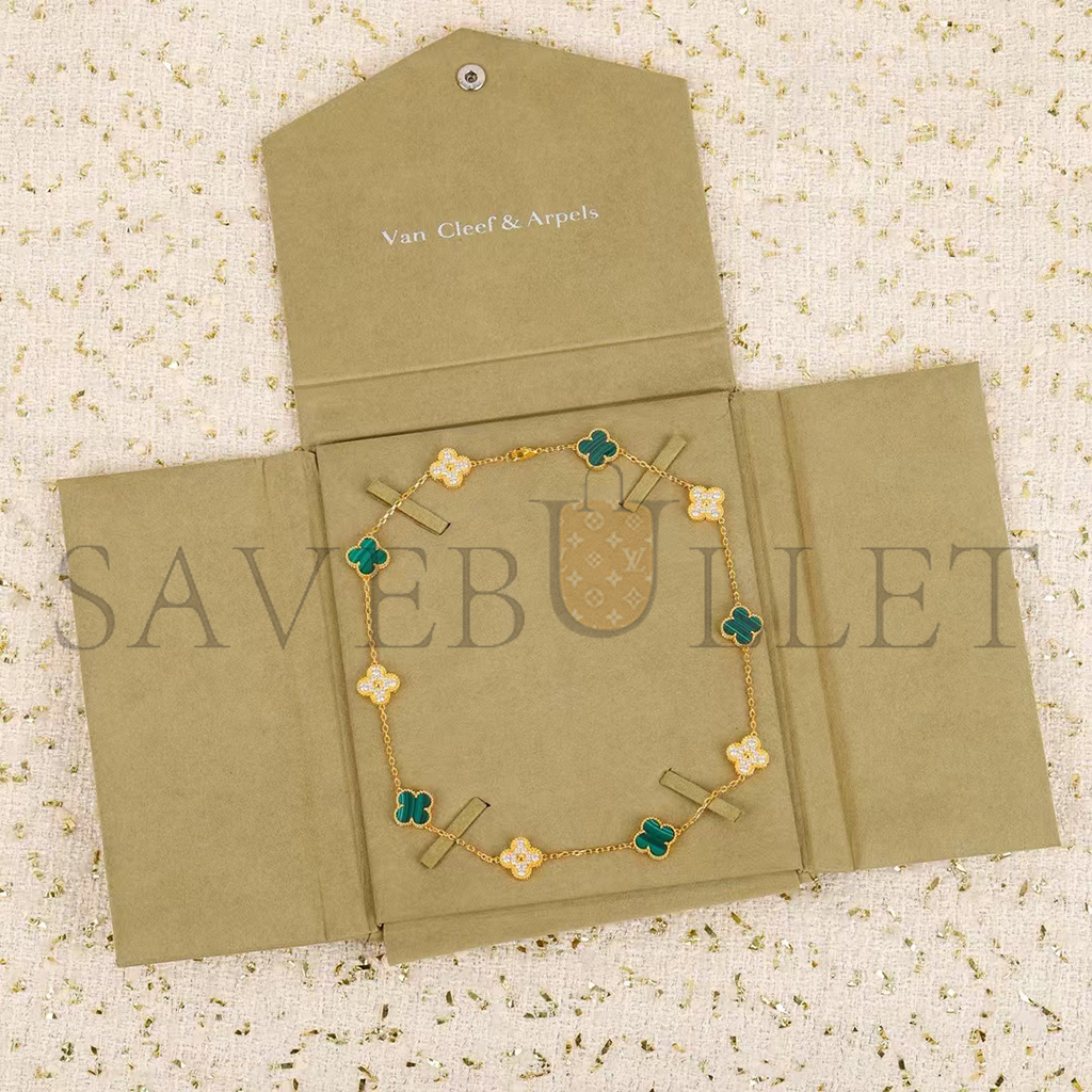 v*n cl*f arpels vintage alhambra necklace, 10 motifs - yellow gold, Di*m*nd, malachite  vcaro9j400