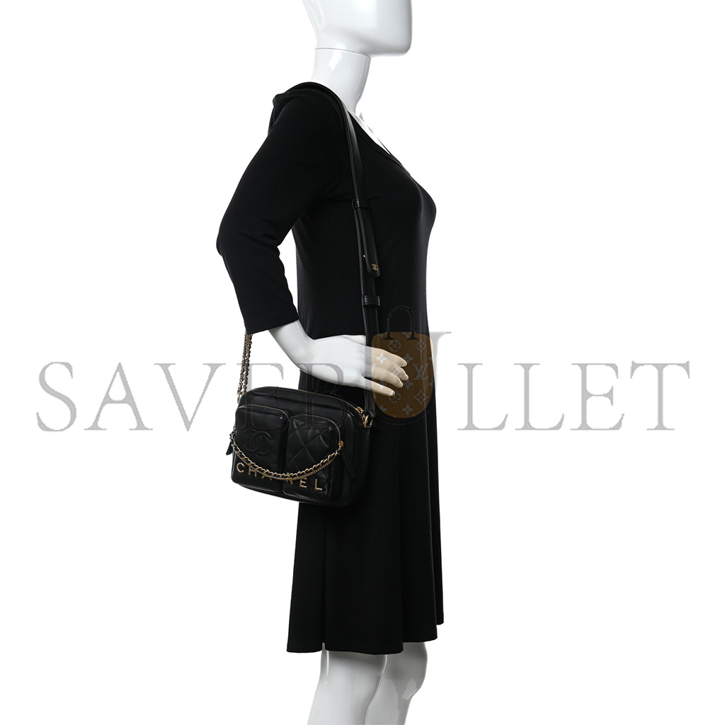 Ch*el calfskin quilted small camera case black as2923 (20.5*14.5*9cm)