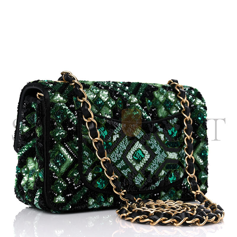 Ch**el sequin mosaic mini rectangular flap green black (20*11*8cm)