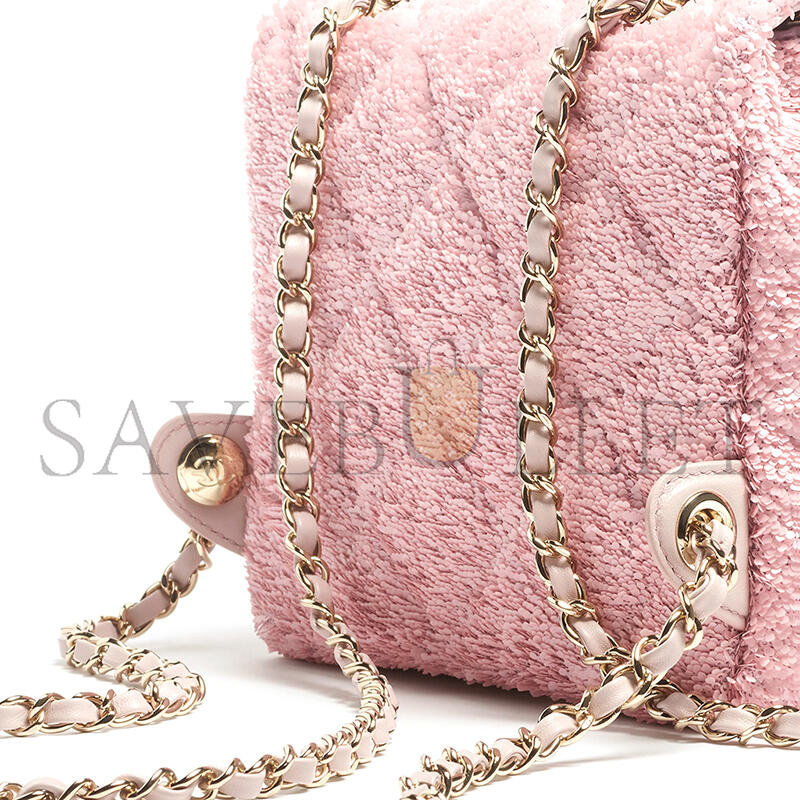Ch**el backpack quilted sequins & gold-tone metal pink as5711 (21*17*7cm)