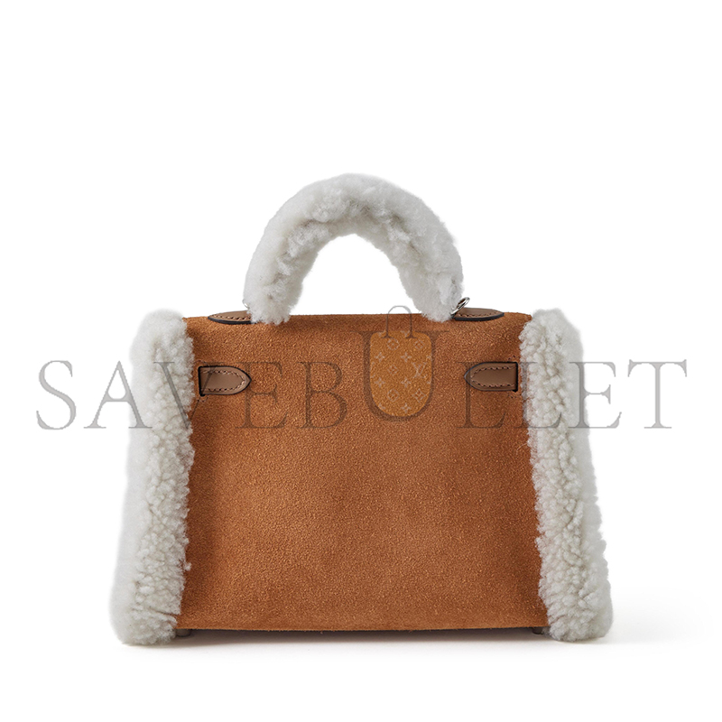 H**me5 limited edition alezan swift, chamois grizzly and ecru shearling teddy plush mini kelly ii 20 palladium hardware h084115ckac (19*12*6cm)