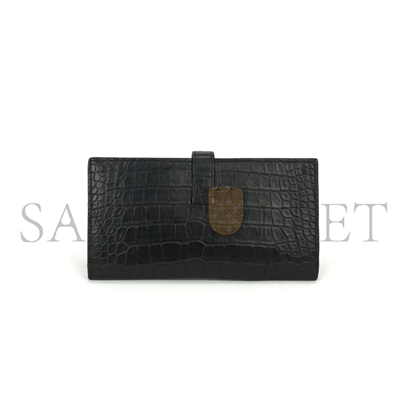 H**mes BEARN SOUFFLET LONG WALLET IN ALLIGATOR AND CROCODILE LEATHER WITH BLACK AND SILVER HARDWARE (17.5*9cm)
