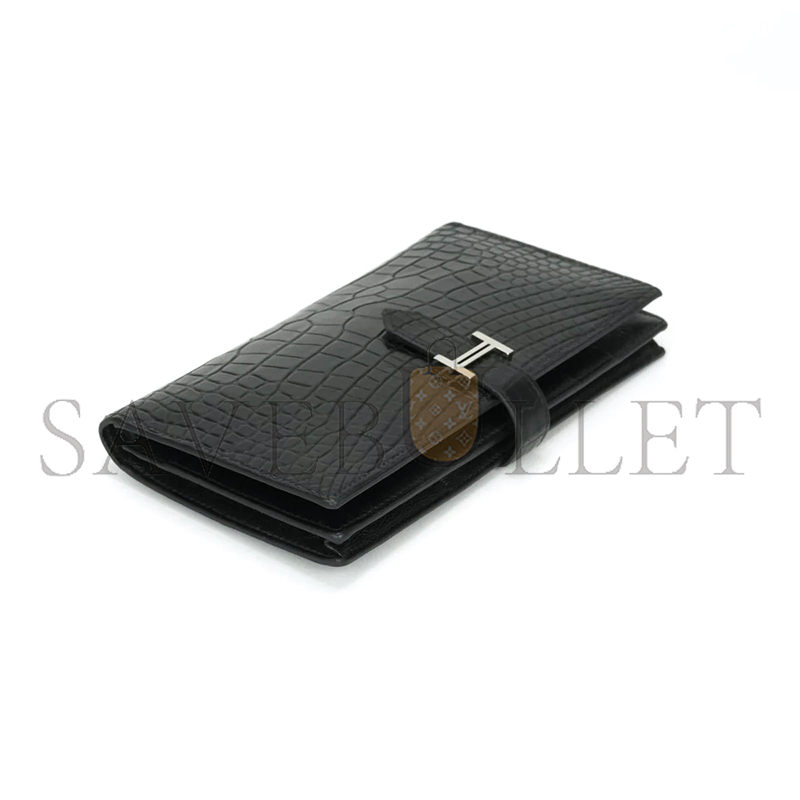 H**mes BEARN SOUFFLET LONG WALLET IN ALLIGATOR AND CROCODILE LEATHER WITH BLACK AND SILVER HARDWARE (17.5*9cm)