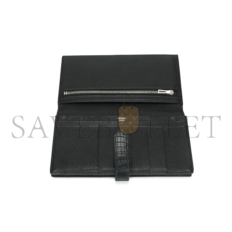 H**mes BEARN SOUFFLET LONG WALLET IN ALLIGATOR AND CROCODILE LEATHER WITH BLACK AND SILVER HARDWARE (17.5*9cm)
