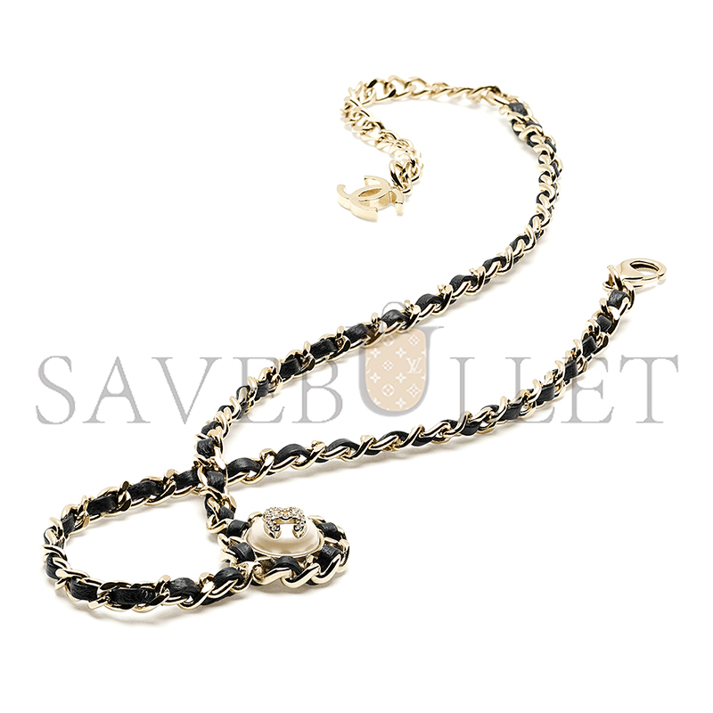 Ch**el necklace metal, lambskin, resin & diamantÉ gold, black, pearly white & crystal abg560