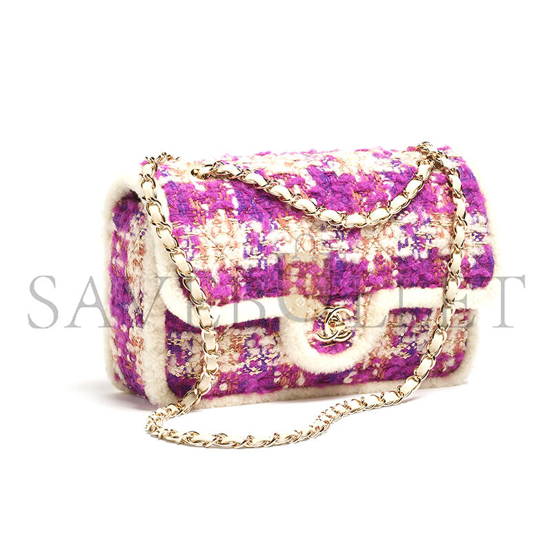 Ch**el large flap bag tweed, shearling lambskin & gold-tone metal fuschia, pink, beige & brown as5686 (26.5*16.5*9cm)