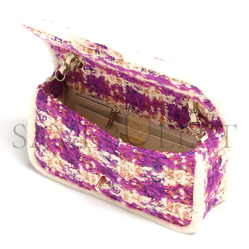Ch**el large flap bag tweed, shearling lambskin & gold-tone metal fuschia, pink, beige & brown as5686 (26.5*16.5*9cm)