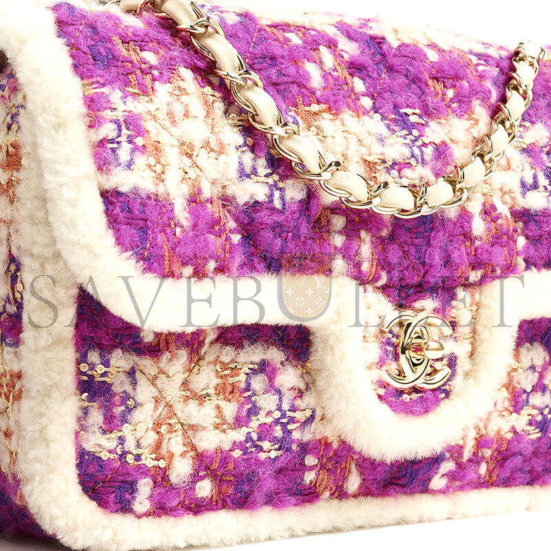 Ch**el large flap bag tweed, shearling lambskin & gold-tone metal fuschia, pink, beige & brown as5686 (26.5*16.5*9cm)