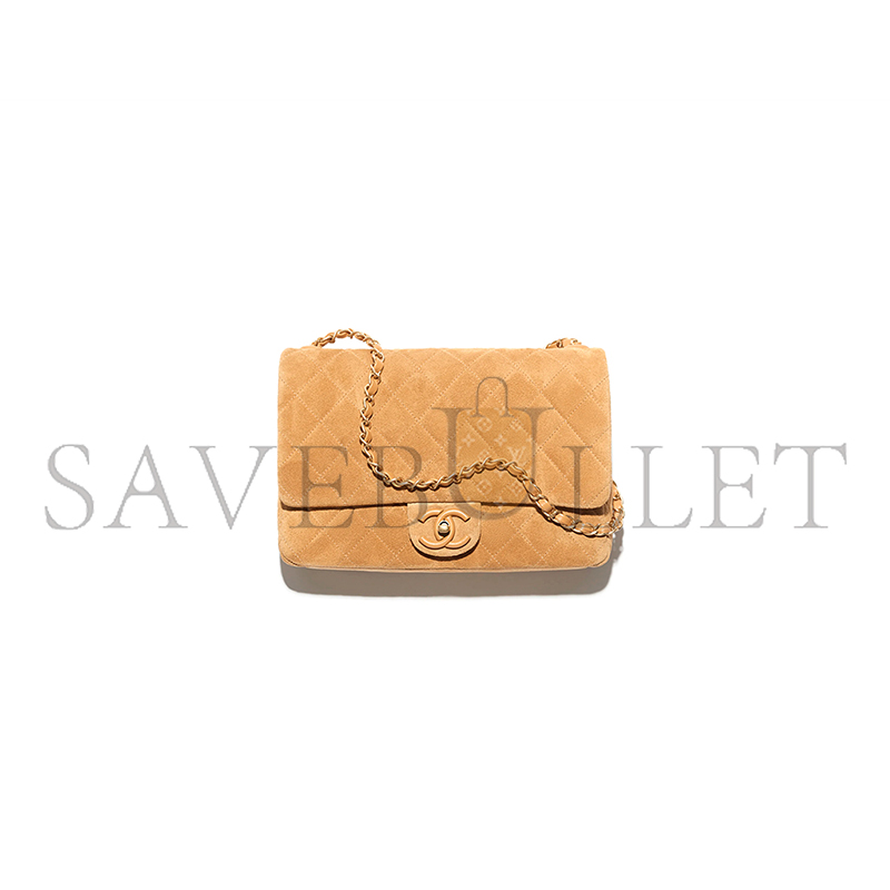 Ch**el flap bag suede calfskin, lambskin & gold-tone metal dark beige as5987 (26*18*7cm)