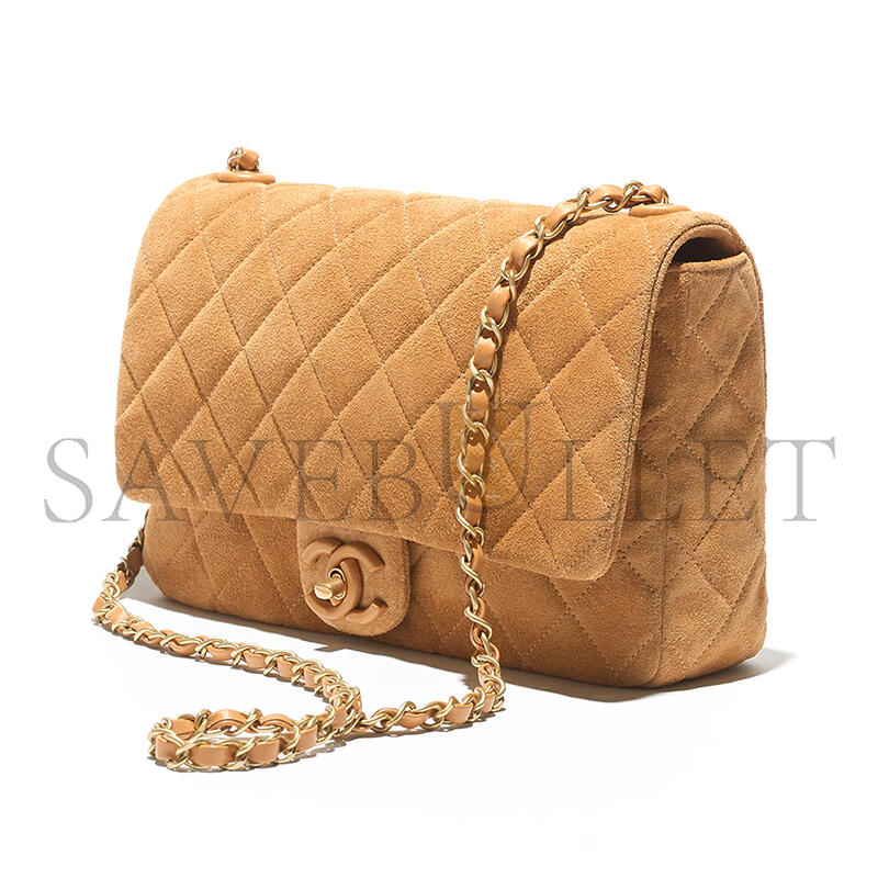 Ch**el flap bag suede calfskin, lambskin & gold-tone metal dark beige as5987 (26*18*7cm)