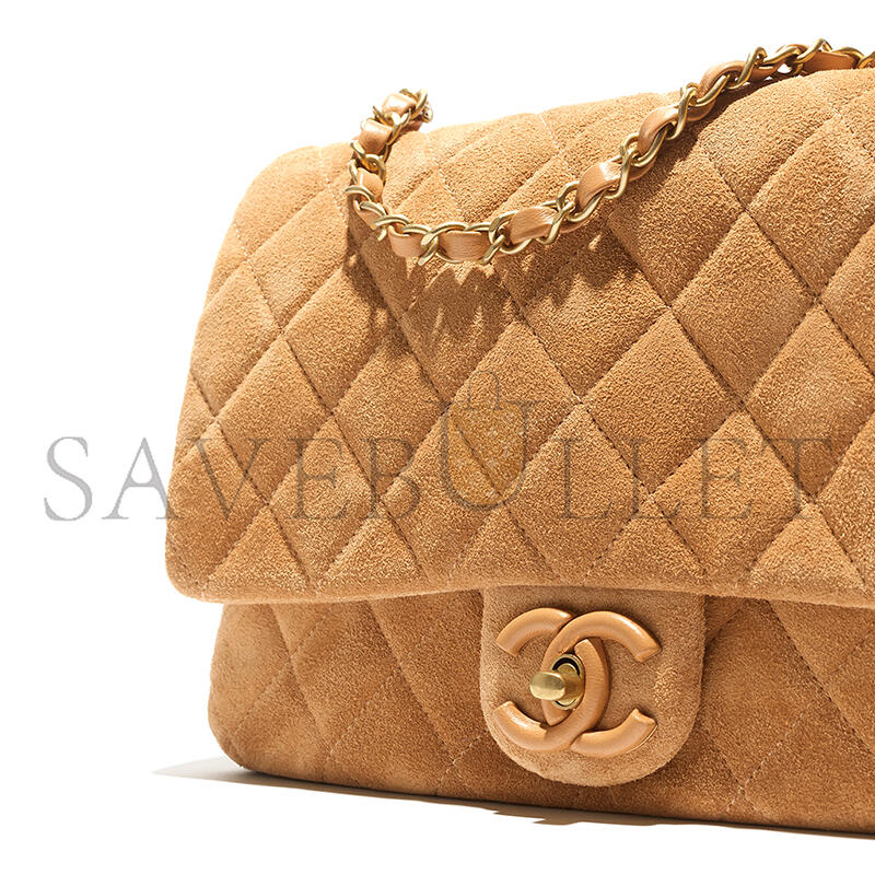 Ch**el flap bag suede calfskin, lambskin & gold-tone metal dark beige as5987 (26*18*7cm)