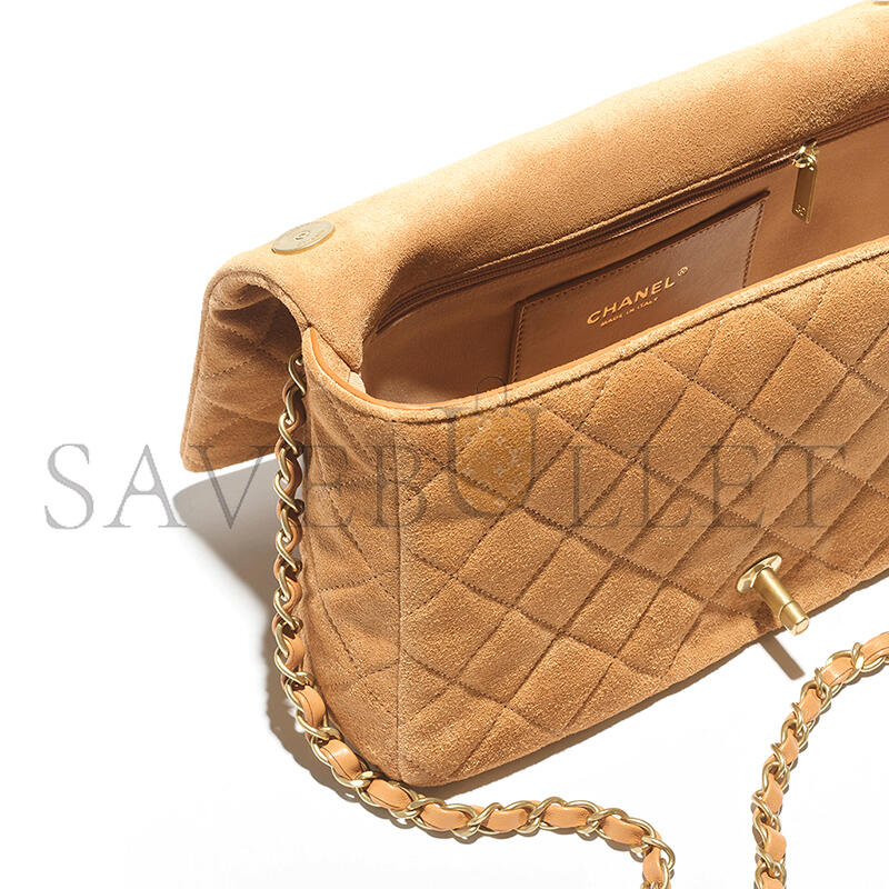 Ch**el flap bag suede calfskin, lambskin & gold-tone metal dark beige as5987 (26*18*7cm)
