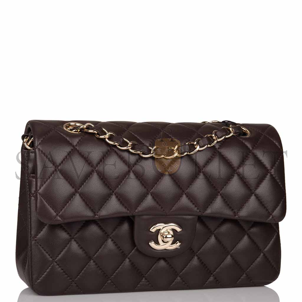 Ch*el master classic double flap bag dark brown lambskin light gold hardware as1117 (23*14.5*6cm)