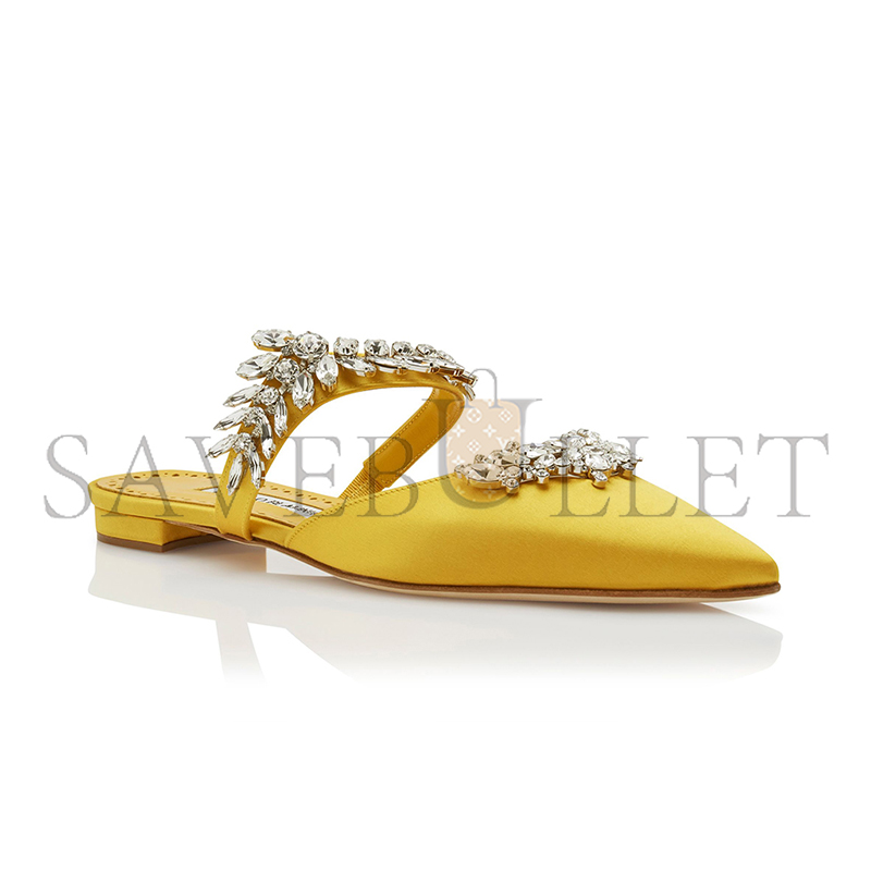 man010 B1ahn*k lurumflatus yellow satin crystal embellished flat mules 122-1947-0004