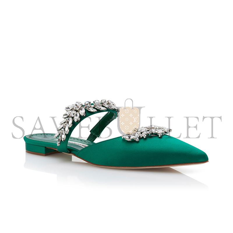 man010 B1ahn*k lurumflatus green satin crystal embellished flat mules 122-1947-0001