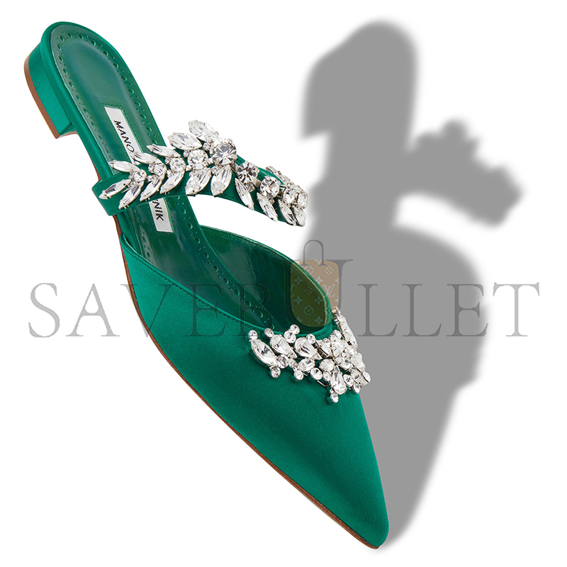 man010 B1ahn*k lurumflatus green satin crystal embellished flat mules 122-1947-0001