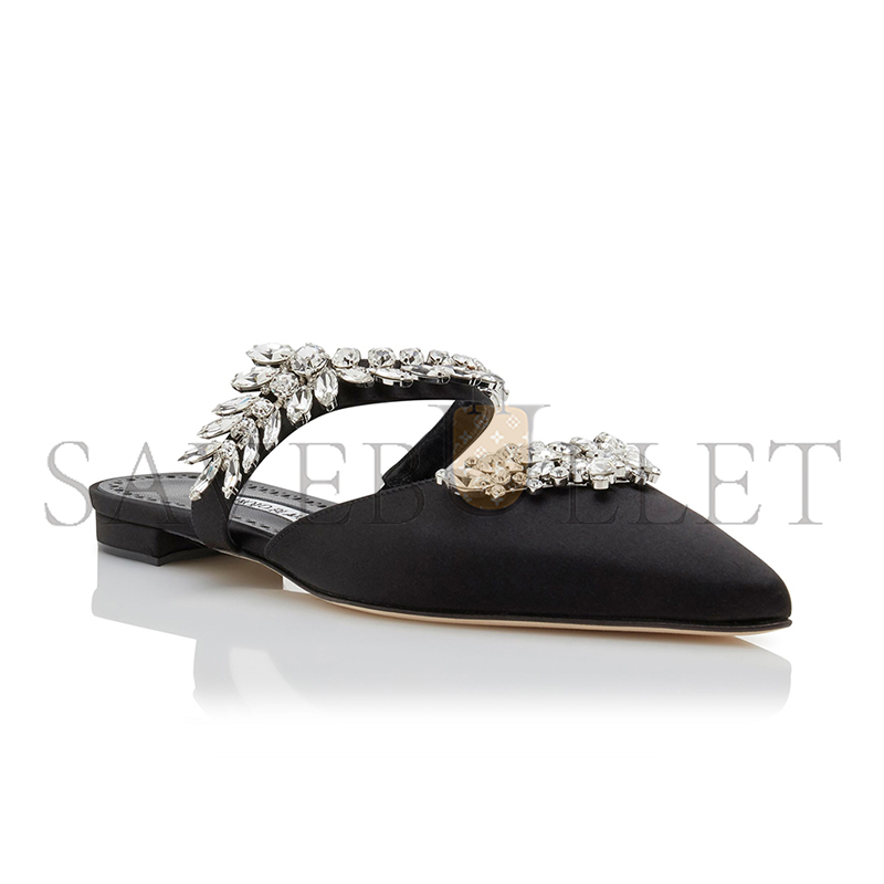 man010 B1ahn*k lurumflatus black satin crystal embellished flat mules 122-1947-0007