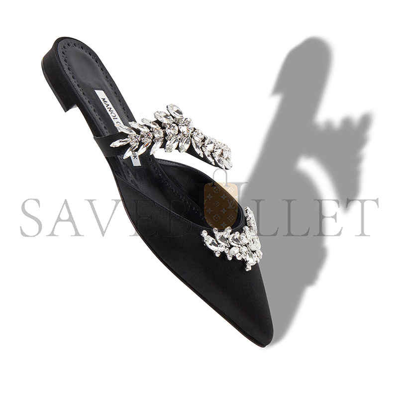 man010 B1ahn*k lurumflatus black satin crystal embellished flat mules 122-1947-0007