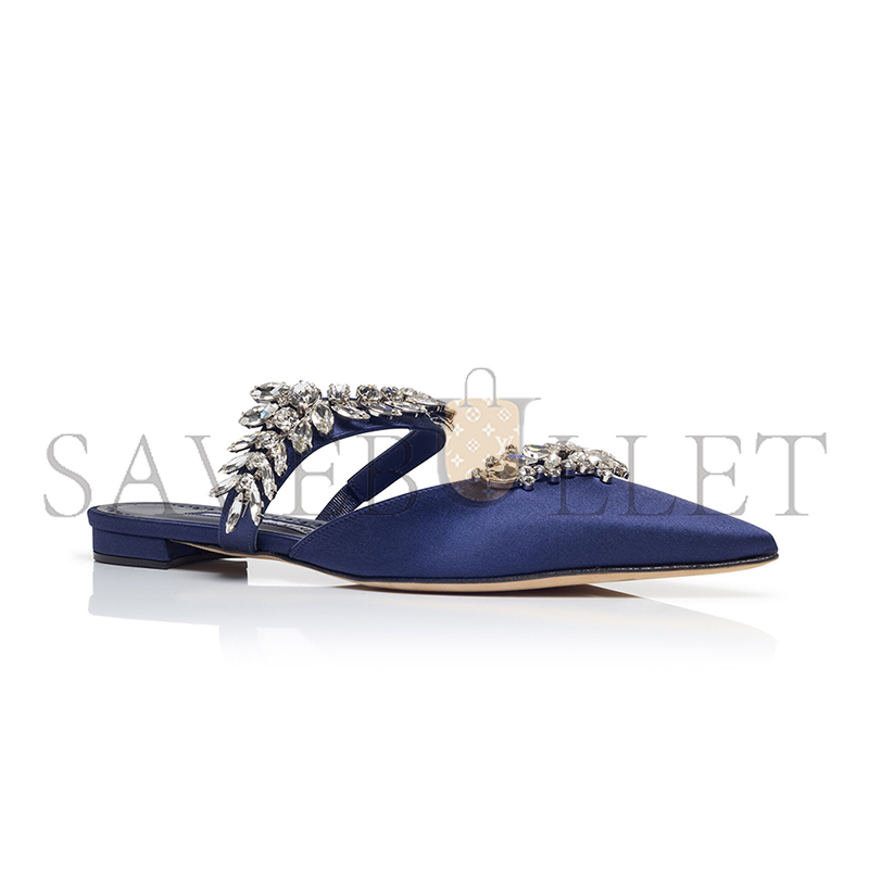 man010 B1ahn*k lurumflatus navy blue satin crystal embellished flat mules 122-1947-0006