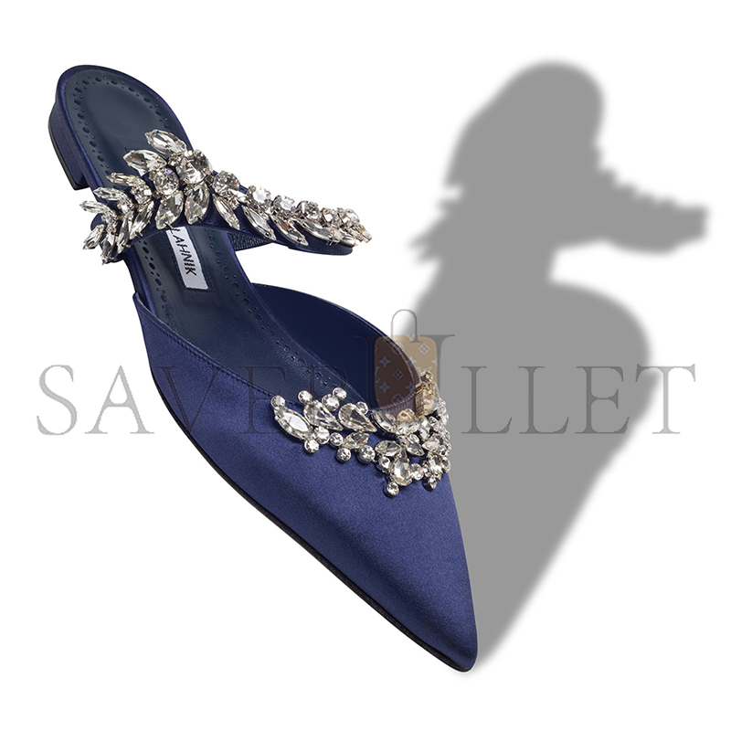 man010 B1ahn*k lurumflatus navy blue satin crystal embellished flat mules 122-1947-0006