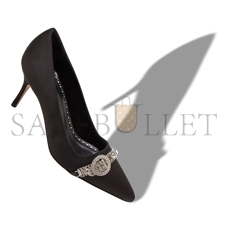 man010 B1ahn*k asapump black satin jewel embellished pumps 424-1928-0001