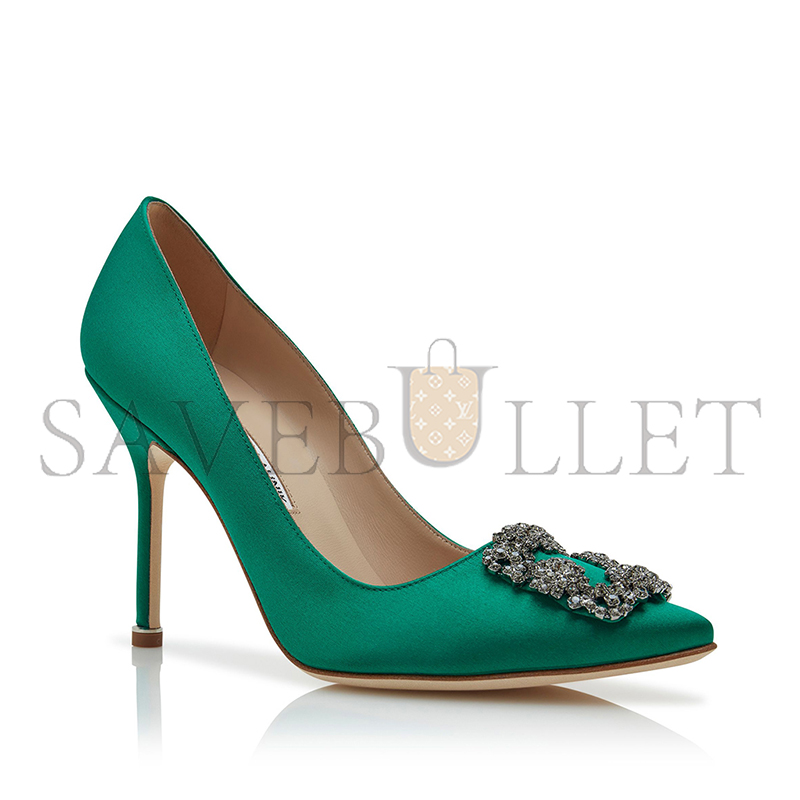 man010 B1ahn*k hangisi green satin jewel buckle pumps 9xx-0664-0048