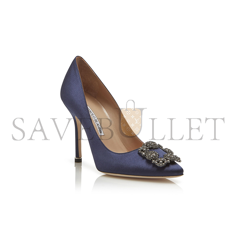 man010 B1ahn*k hangisi navy blue satin jewel buckle pumps 9xx-0664-0050