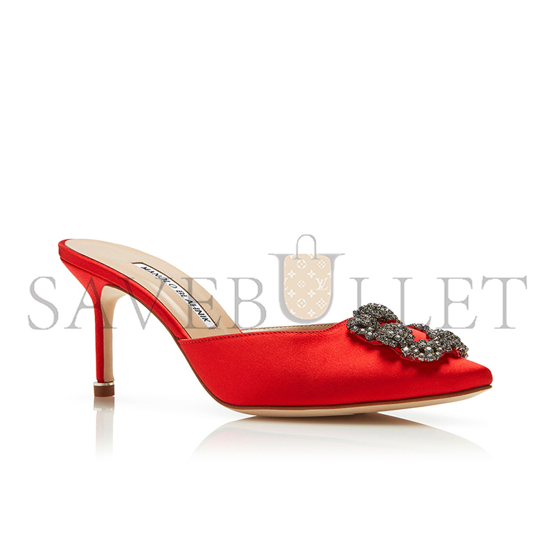 man010 B1ahn*k hangisimu red satin jewel buckle mules 9xx-0726-0041