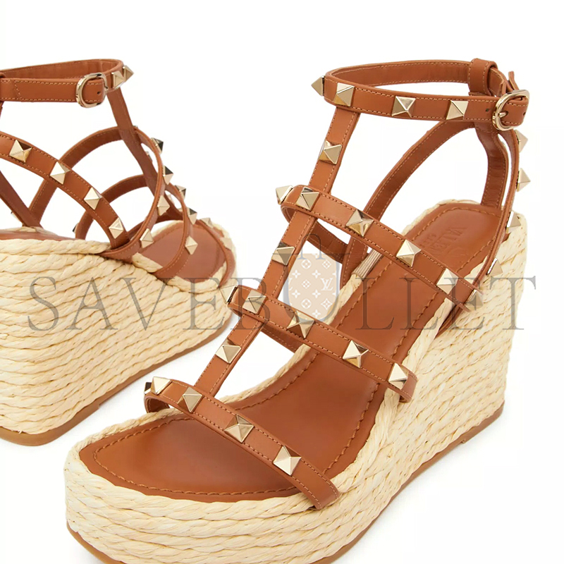 Va1e*ntin0 rockstud wedge sandal with calfskin straps 95mm 4w2s0f95znl_zt6