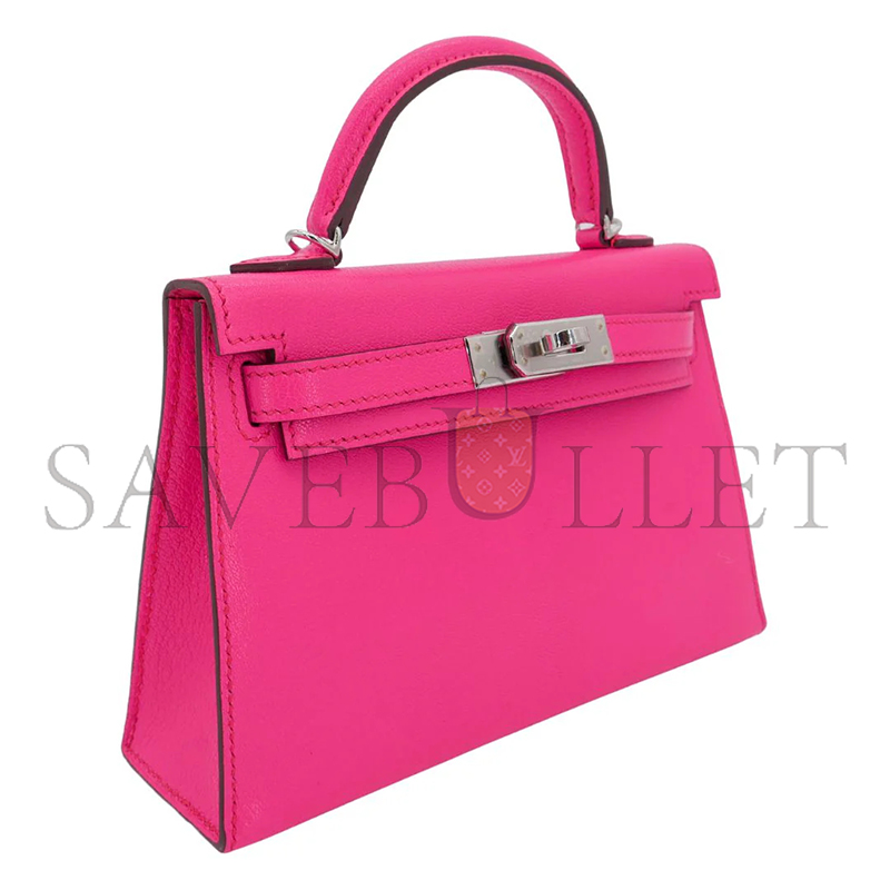 H**mes master kelly ii sellier mini rose pop chevre leather palladium hardware 103785 (20*11*6cm)