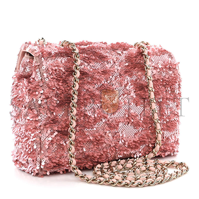 ch*el flap bag sequins & gold-tone metal G01den & pink as4561 (21*14*8cm)