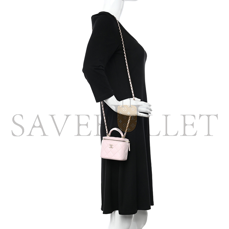 Ch*el lambskin quilted mini top handle vanity case with chain light pink 1334686 (10*9*7cm)
