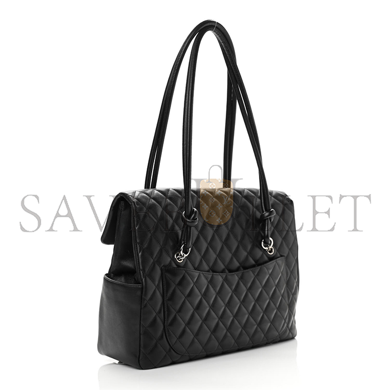 Ch**el calfskin quilted large cambon flap black white (33*24*11cm)