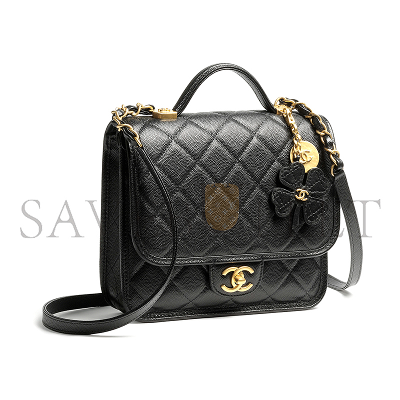 Ch**el backpack grained shiny calfskin & gold-tone metal black as5715 (22*19.5*7cm)