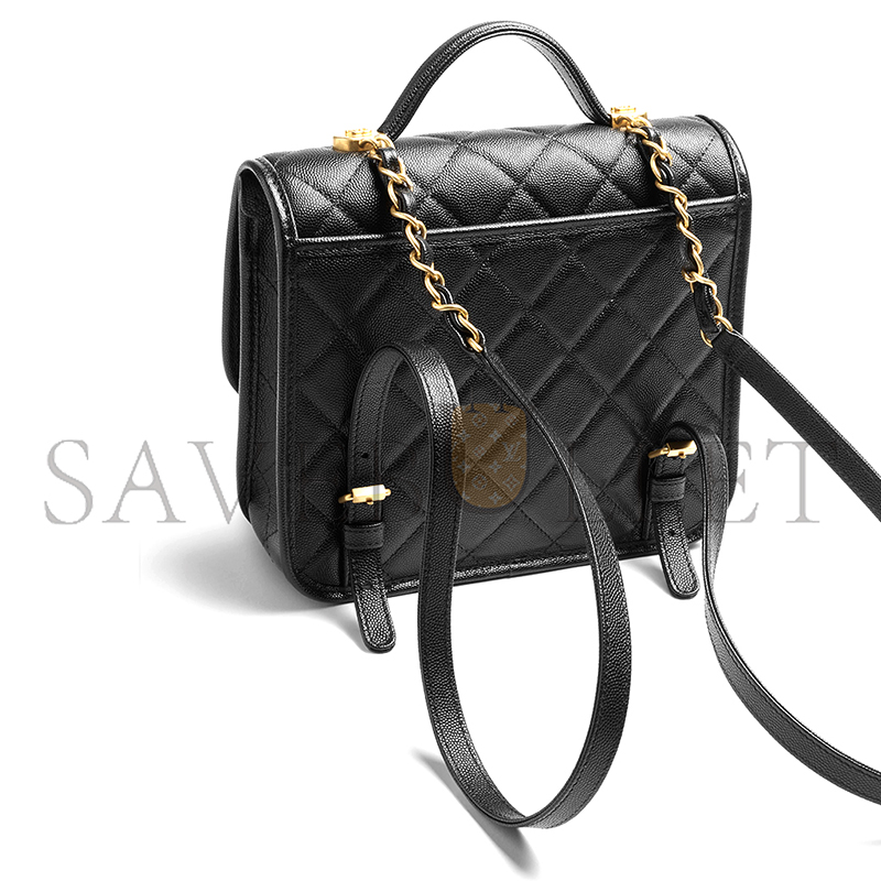 Ch**el backpack grained shiny calfskin & gold-tone metal black as5715 (22*19.5*7cm)