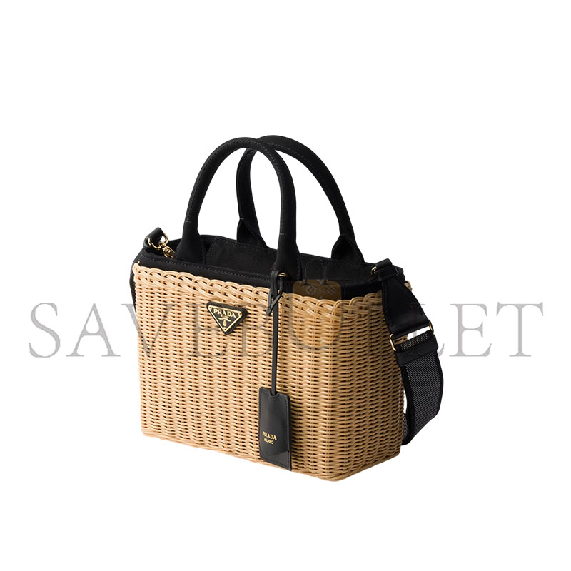 Pra*a medium wicker and canvas tote bag 1bg835 (26*18*11.5cm)