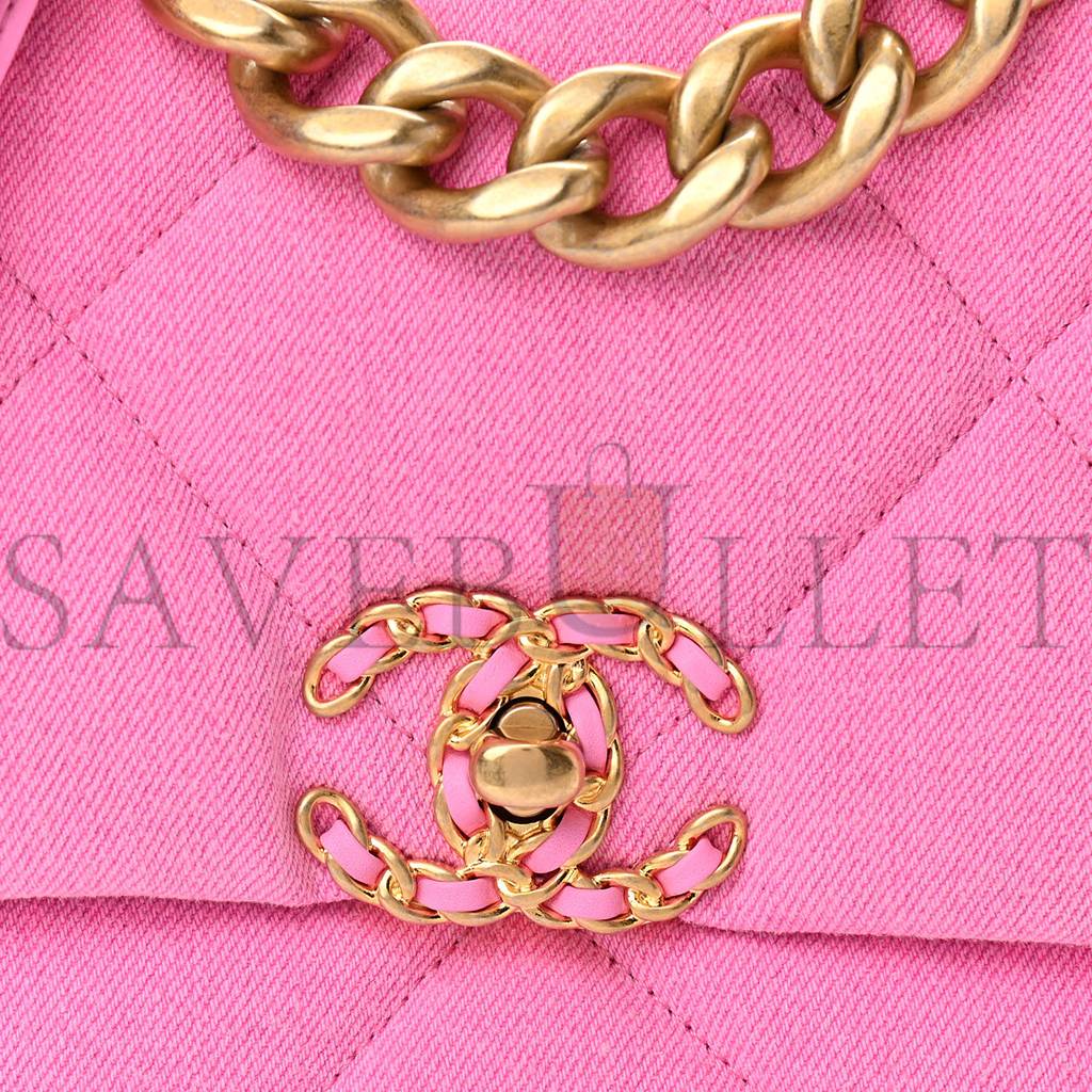 Ch*el denim quilted large Ch*el 19 flap neon pink gold hardware (30*20*10cm)