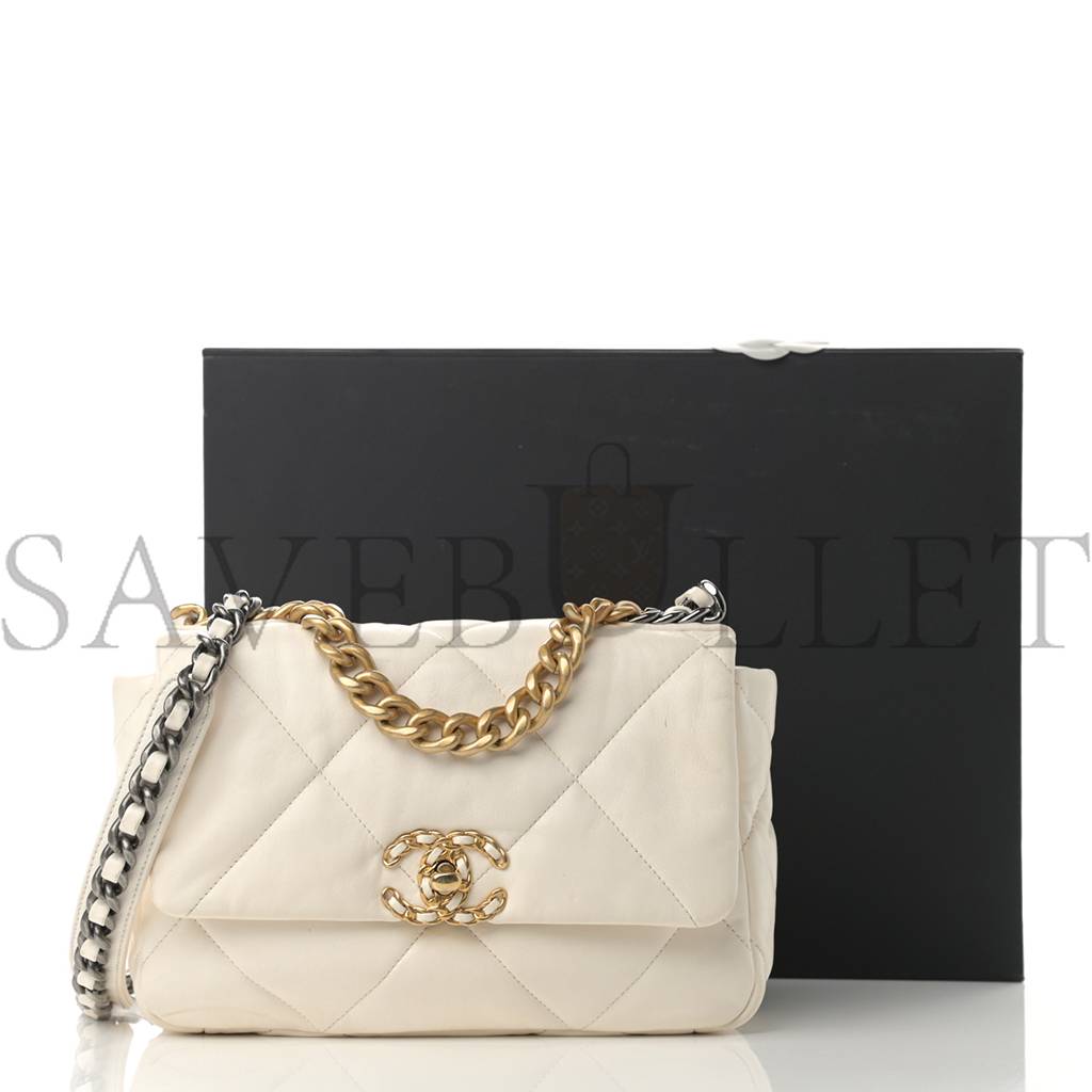 Ch*el goatskin quilted medium Ch*el 19 flap white gold hardware (27*20*8cm)