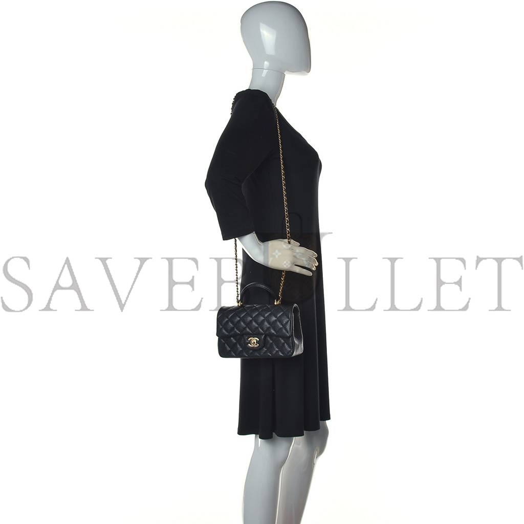 Ch*el caviar quilted mini top handle rectangular flap black gold hardware (20*12*7cm)