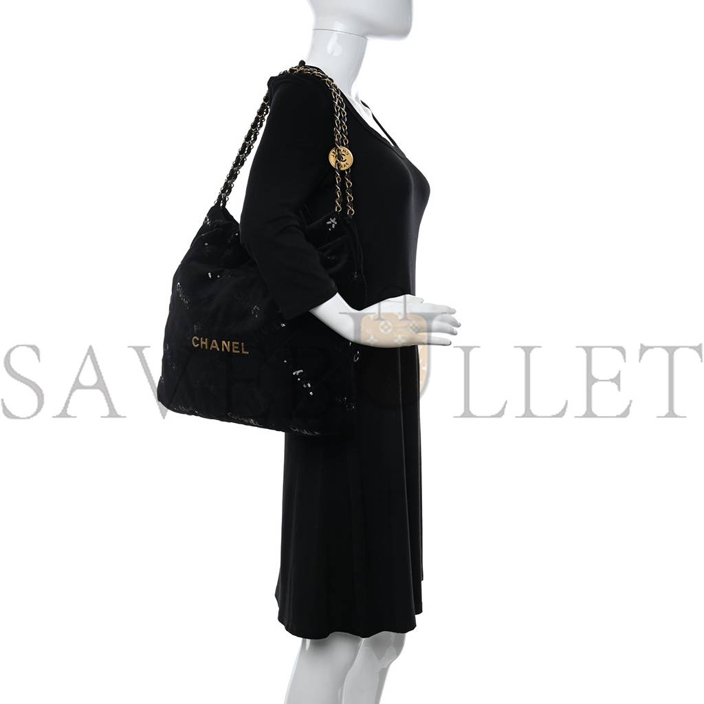 Ch*el velvet sequin quilted Ch*el 22 black gold hardware (37*35*7cm)
