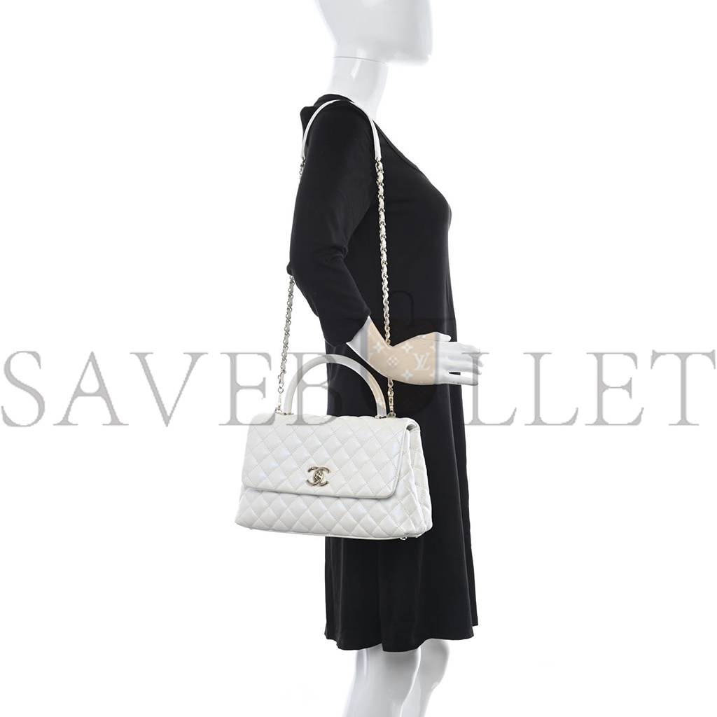 Ch*el iridescent caviar quilted small coco handle flap white rose gold hardware (28*17*11cm)