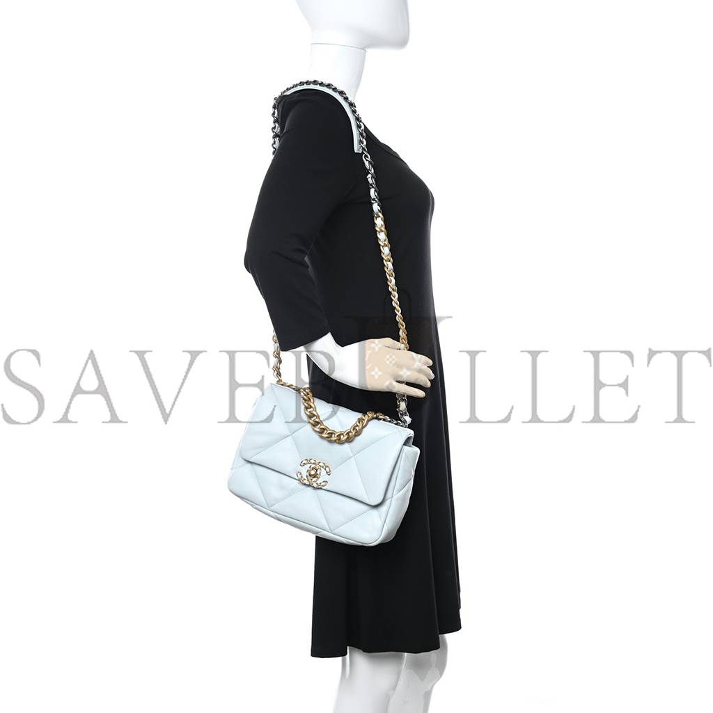 Ch*el lambskin quilted medium Ch*el 19 flap light blue silver hardware (25*17*8cm)