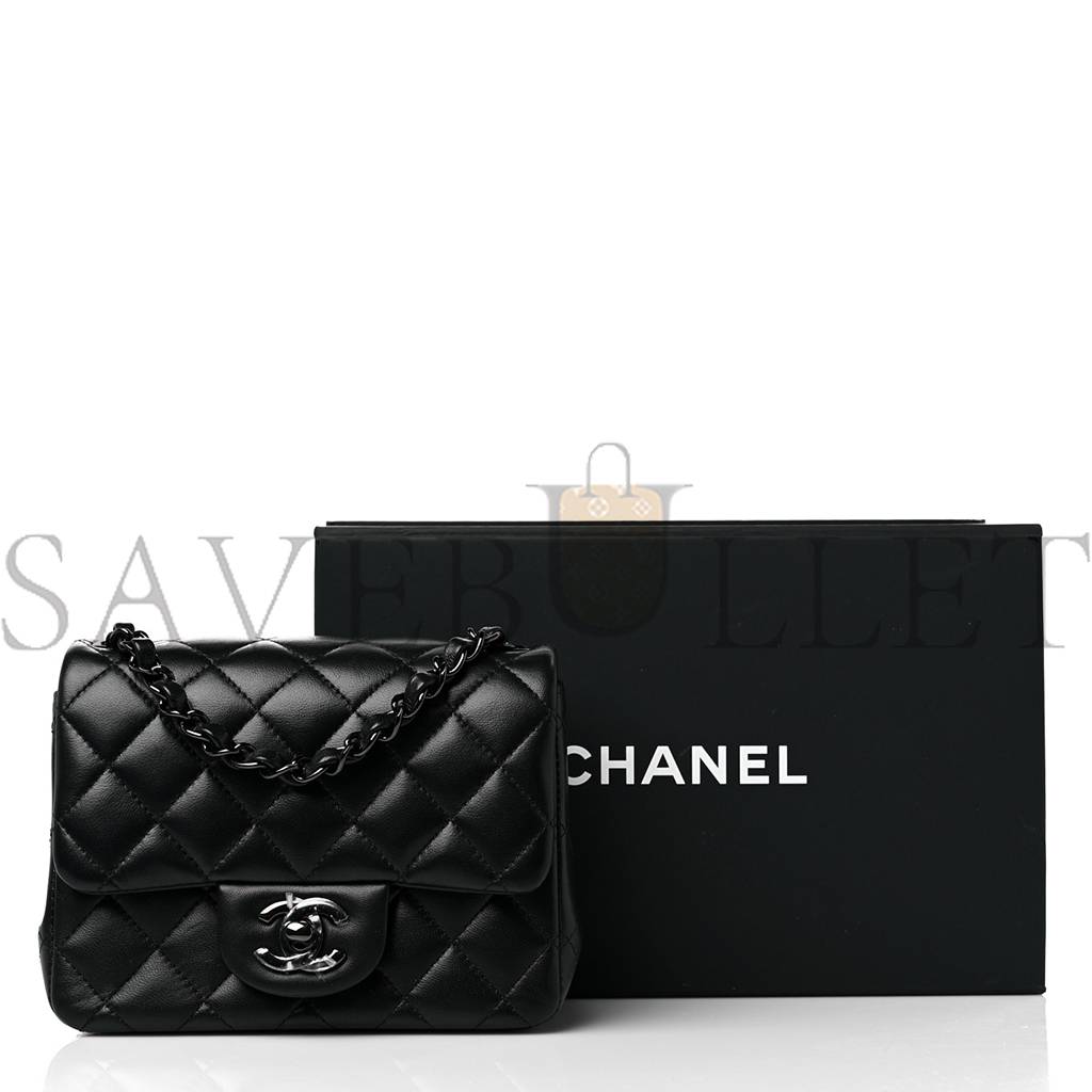 Ch*el lambskin quilted mini square flap so black silver hardware (17*12*7cm)