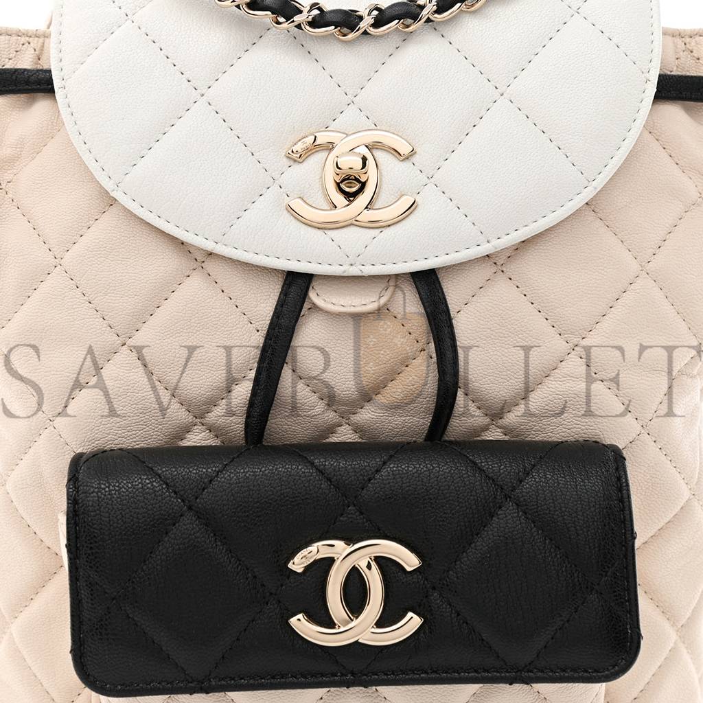 Ch*el goatskin quilted duma drawstring backpack beige black white rose gold hardware (23*22*12cm)