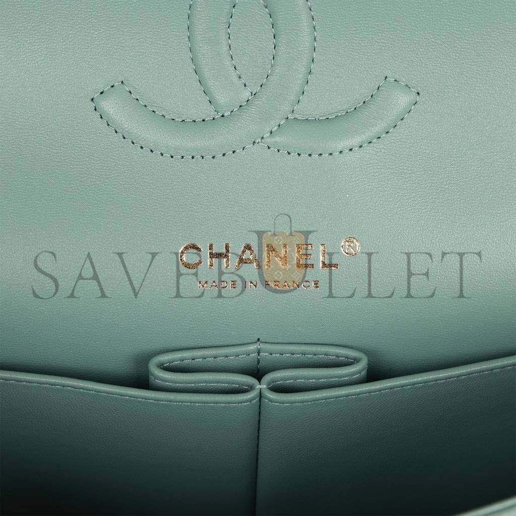 Ch*el medium classic double flap bag green caviar light gold hardware (25*15*7cm)