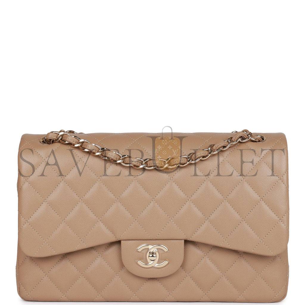 Ch*el jumbo classic double flap bag dark beige caviar gold hardware (30*20*9cm)