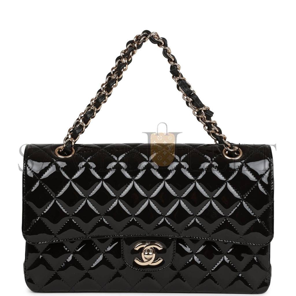Ch*el medium classic double flap bag black patent light gold hardware (25*15*7cm)