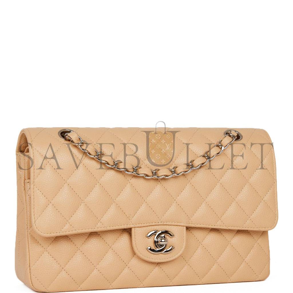 Ch*el medium classic double flap bag beige caviar silver hardware (25*15*7cm)