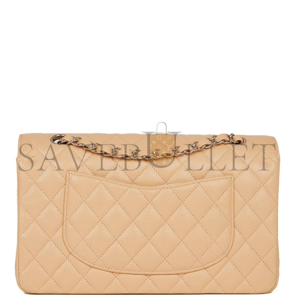 Ch*el medium classic double flap bag beige caviar silver hardware (25*15*7cm)